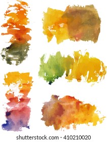 A set of monoprinted colorful watercolor stains on white background, artistic textures for design, scalable vector graphic