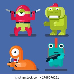 Set of monster, Alien and animal flat cartoon game villains character vector Illustration