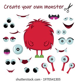 Set of monster cartoon elements. Monster Constructor. Create your own monster. Different mouths, eyes, isolated on white. Vector illustration.