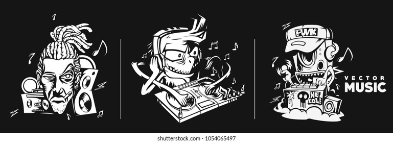 Set of Monster dj beard mixing music on the turntables. Vector Illustration.