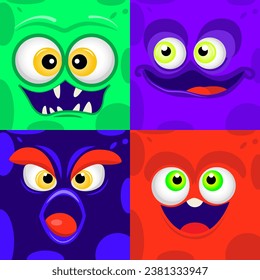 Set monster faces cartoon. Vector monster faces set of four Halloween monster faces with different expressions. Emotions, cartoon faces, funny monsters. Monster face emotion. Halloween cartoon 