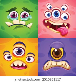 Set of monster faces with various expressions, featuring multiple eyes and sharp teeth. Vector cartoon illustration