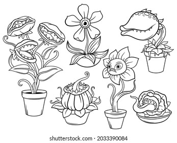 Set of monster flowers and plants. Collection of Halloween flower predatory. Spooky plants. Vector illustration of scary festive nature. Drawing with children.