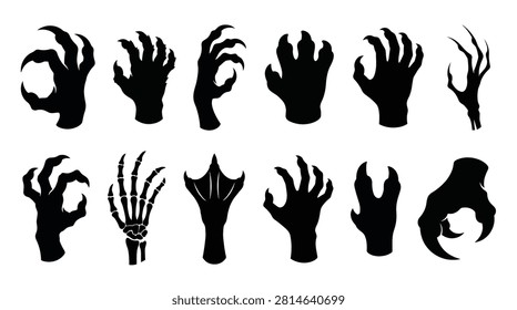 Set of monster hands silhouettes, creepy claws and spooky creature arms
