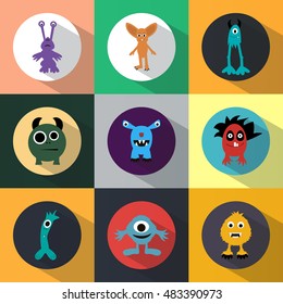 Set of monster icons. Halloween. Funny. Round. Light Coloured. Flat design.