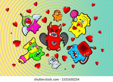 Set of monster illustrations in colorful cartoon style.