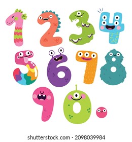 Set of monster illustrations with cute number shapes