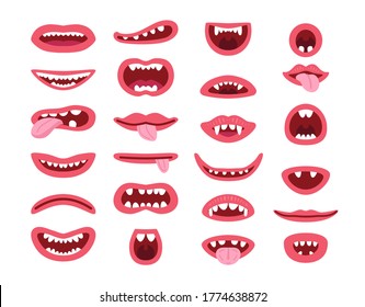 Set of monster mouth in different poses. Lips, teeth, tongue isolated on the white background.