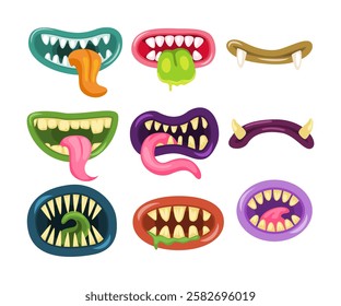 Set of monster mouths collection, Funny facial expression, open mouth with tongue and drool, Set of lips of monsters , in cartoon style, in different positions, terrible emotions, facial expressions. 