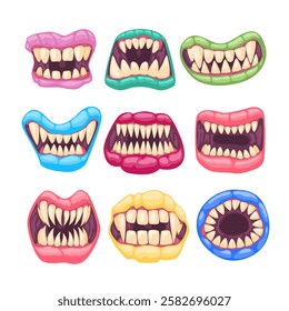 Set of monster mouths collection, Funny facial expression, open mouth with tongue and drool, Set of lips of monsters , in cartoon style, in different positions, terrible emotions, facial expressions. 