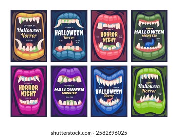 Set of monster mouths poster collection with halloween text, Funny facial expression, open mouth with tongue and drool, Set of lips of monsters cartoon style terrible emotions, facial expressions. 