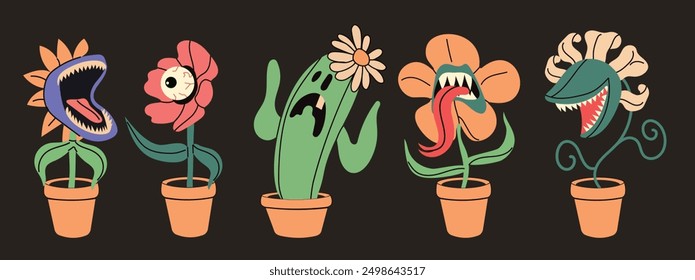 Conjunto con plantas monstruo. Flora fantástica carnívora con dientes, ojos, flores de miedo, personajes botánicos depredadores venenosos, criatura fea enojada. Ilustración aislada plana sobre fondo oscuro. 