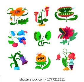 Conjunto de Iconos de Plantas Monstruales, Flores Tropicales Peligrosas, Criaturas Extranjeras con Dientes Afilados y Saliva Poisonosa Aislada en Fondo Blanco. Predator espeluznante florece. Ilustración del vector de dibujos animados