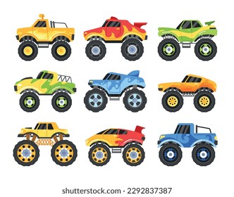 Set Of Monster Trucks, Adorned With Vibrant Colors And Graphics, Revs Their Engines Ready To Take On The Challenge