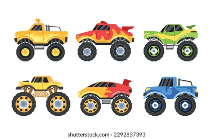 Set Of Monster Trucks, Each Adorned With Unique Designs And Colors, Ready To Thrill The Audience With Impressive Stunts