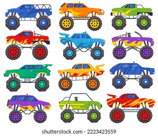 Set of monster trucks. Heavy cars with large tires and tinted windows. Colorful painted vehicles for halloween, off road racing, scary games. Cartoon flat vector illustration