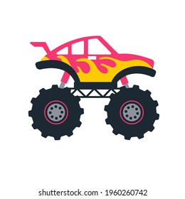 Set of monster trucks. Vector pickup truck with big wheels Cartoon car design ideas for boys.