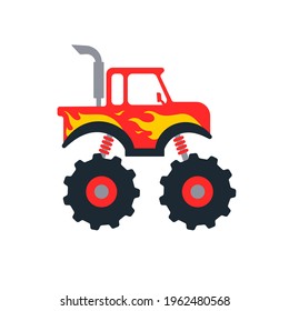 Set of monster trucks. Vector pickup truck with big wheels Cartoon car design ideas for boys.