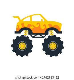 Set of monster trucks. Vector pickup truck with big wheels Cartoon car design ideas for boys.