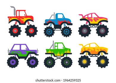 Set of monster trucks. Vector pickup truck with big wheels Cartoon car design ideas for boys.