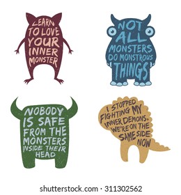 set of monster typography posters and quotes. artworks for wear. vector inspirational illustration