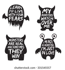 set of monster typography posters and quotes. artworks for wear. vector inspirational illustration