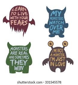 set of monster typography posters and quotes. artworks for wear. vector inspirational illustration