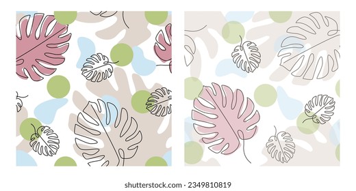 Set of Monstera color seamless pattern. Vector repeat Floral background with Tropical leaves. Line art Hand drawn Botanical illustration for Fabric, Banner, Wrapping paper, Cover. 