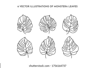 Set of Monstera leaf of tropical plants. Outline Palm leaf In a Trendy Minimalist liner Style. Vector Illustration. For printing on t-shirt, Web Design, beauty Salons, Posters, tattoo creating a logo