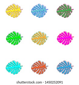Set of monstera leaves of different colors. Several bright leaves of tropical plants. Yellow, pink, green, blue leaves. White background