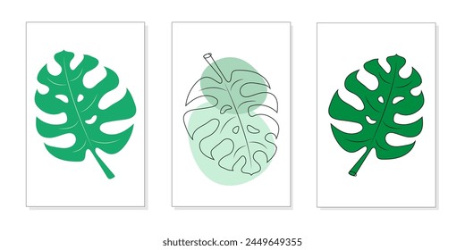 Set with monstera leaves in linear style. Botanical set for design posters, prints, decor, interior, wallpapers. Vector design 