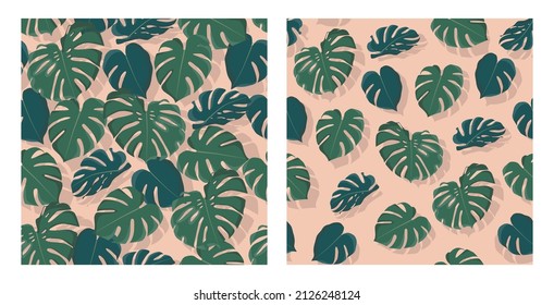 Set of monstera leaves silhouette with shadows patterns on trendy coral background. Flat illustrations style for wrapping paper, wallpaper, fabric, textile