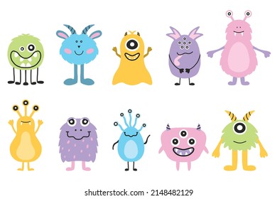 Set of monsters and aliens. Cute hand drawn monsters in scandinavian style. Doodle aliens.