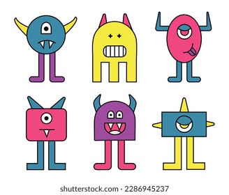 Set of monsters. Collection of fictional minimalistic characters. Imagination, dream and fantasy. Demons with eyes, teeth and horns. Cartoon flat vector illustrations isolated on white background