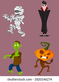 Set of monsters in different poses. Halloween characters in cartoon style.