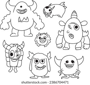 Set of Monsters. Doodle cartoon drawing on white background