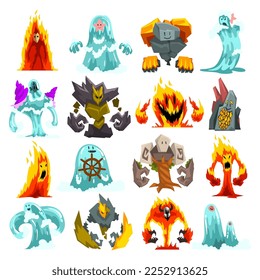 Set of monsters. Funny fearsome fire, stone and water mythical creatures cartoon vector illustration