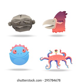 Set of monsters heads, portraits isolated on white background. Big bird, rock monster, ocean creature and cute blue face. Suitable for animation, video and games. Vector illustration
