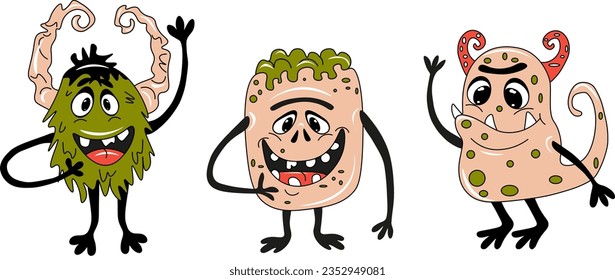 Set of Monsters Isolated on White Background. Happy Halloween. Kids cartoon character design for poster, baby products logo and packaging design.