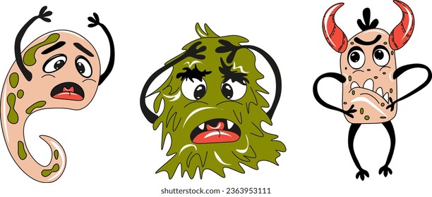 Set of Monsters Isolated on White Background. Happy Halloween. Kids cartoon character design for poster, baby products logo and packaging design.