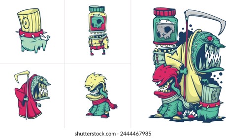 set of monsters with a limited color palette