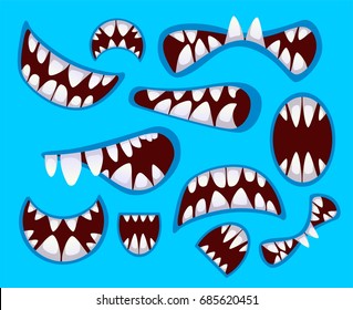 Set of monster's mouth in different poses. Mouth, teeth, tongue and lips isolated on the blue background.