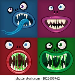 Set Monsters mouths creepy and scary Halloween. Funny jaws teeths tongue creatures expression monster horror drool slime. Vector isolated illustration cartoon style