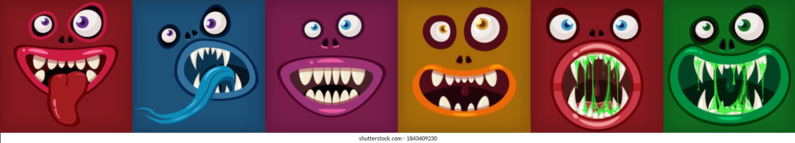 Set Monsters mouths creepy and scary. Funny jaws teeths tongue creatures expression monster horror drool slime. Vector isolated illustration cartoon style