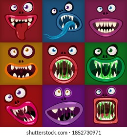 Set Monsters mouths creepy and scary Halloween. Funny jaws teeths tongue creatures expression monster horror drool slime. Vector isolated illustration cartoon style