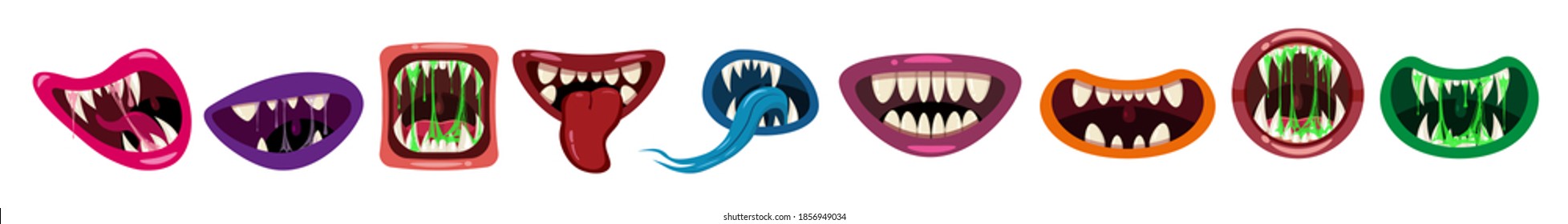 Set Monsters mouths creepy and scary Halloween. Funny jaws teeths tongue creatures expression monster horror saliva slime. Vector isolated illustration cartoon style