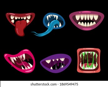 Set Monsters mouths creepy and scary Halloween. Funny jaws teeths tongue creatures expression monster horror saliva slime. Vector isolated illustration cartoon style