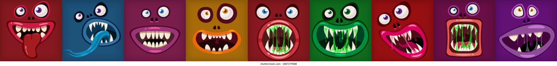 Set Monsters mouths creepy and scary. Funny jaws teeths tongue creatures expression monster horror drool slime. Vector isolated illustration cartoon style