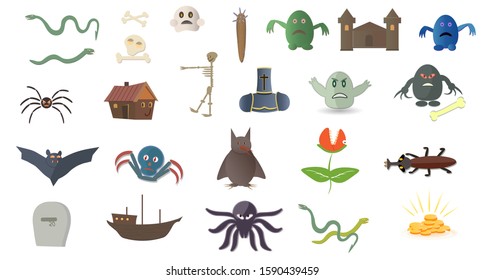Set of monsters and other details. Skeletons, bats and snakes in cartoon and flat style. Vector stock illustration. Illustration for computer games. Icon set of monsters. White background.