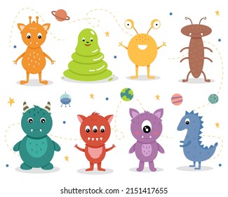 Set of monsters with planets and stars on a white background. Cute cartoon space monster in flat style for kids. For printing on clothes, textiles, children's toys. Vector illustration